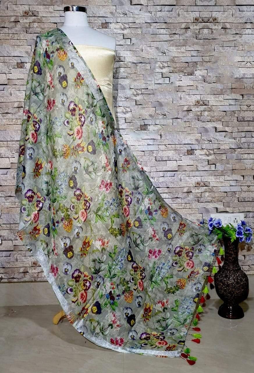 Pleasingly Green Pink Floral Print Digital Linen Dupatta_ - Ibis Fab