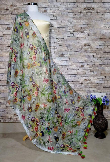 Pleasingly Green Pink Floral Print Digital Linen Dupatta_