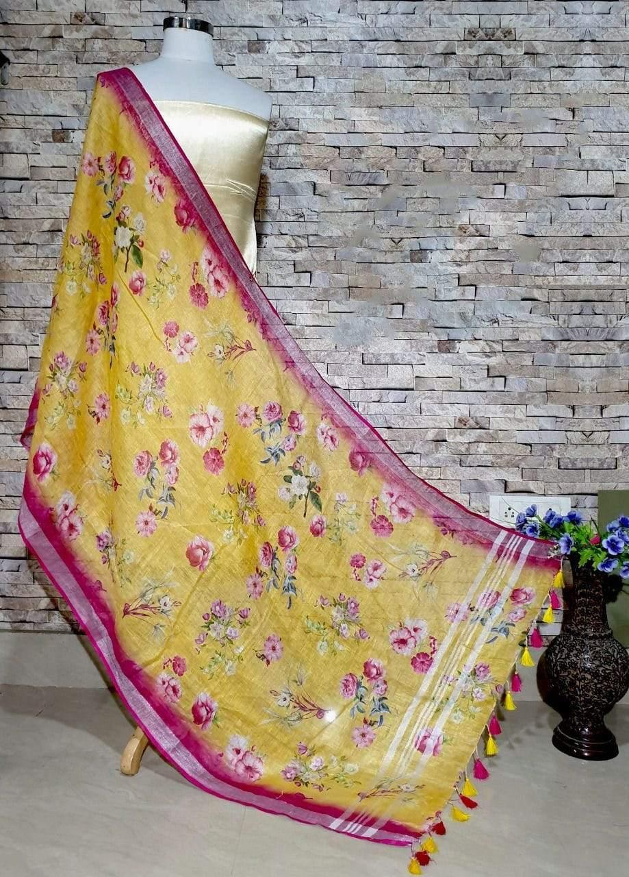 Pleasingly Mango Yellow Pink Floral Print Digital Linen Dupatta_ - Ibis Fab