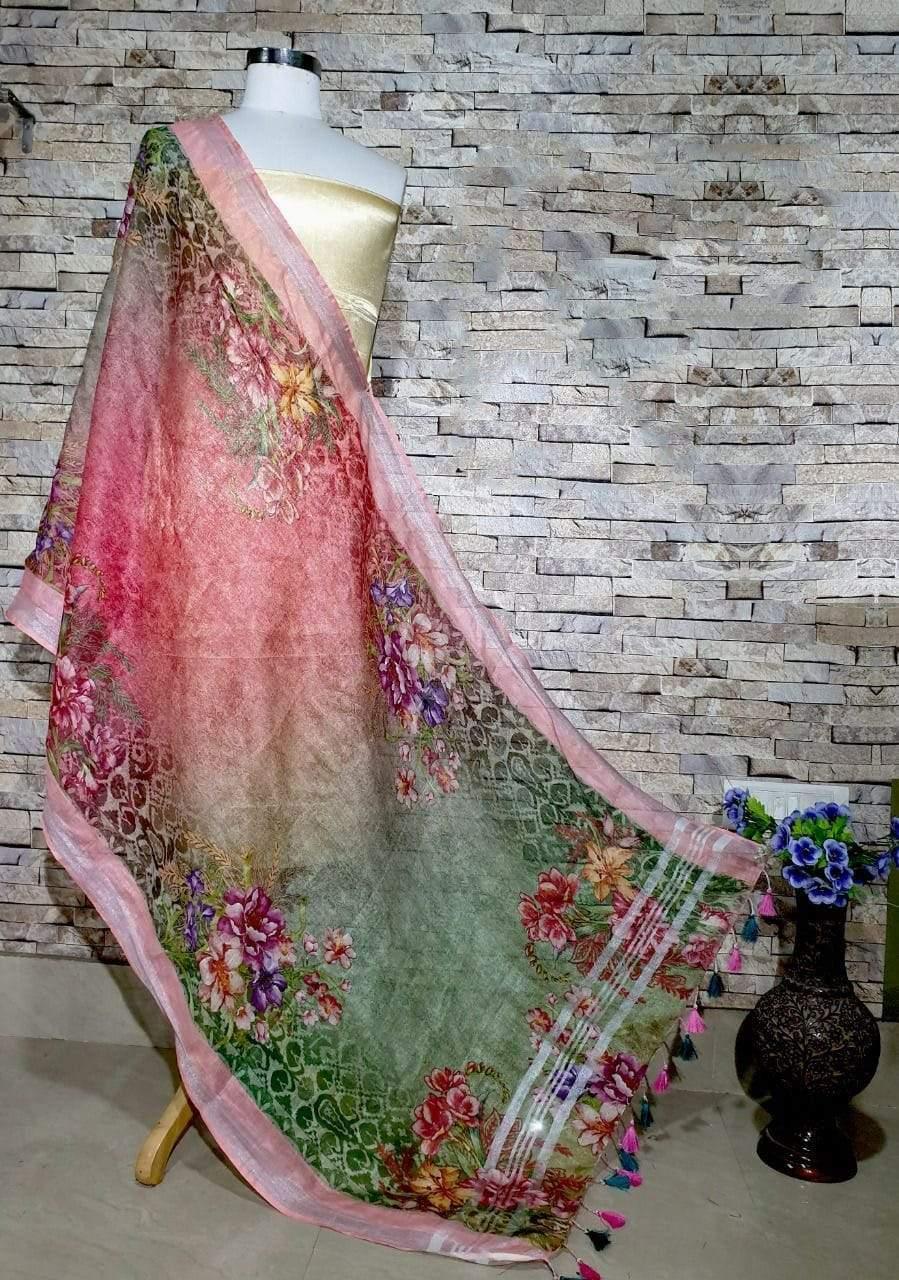 Pretty Peach Base With Green Pink Floral Digital Print Linen Dupatta_ - Ibis Fab