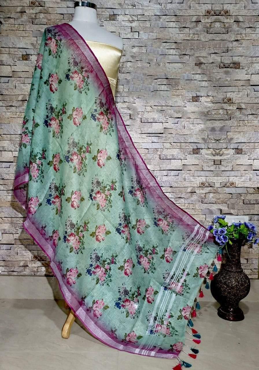 Pretty Sea green Base Floral Design Digital Dupatta_ - Ibis Fab