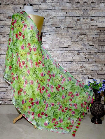 Ravishing Green Floral Print Digital Linen Dupatta_