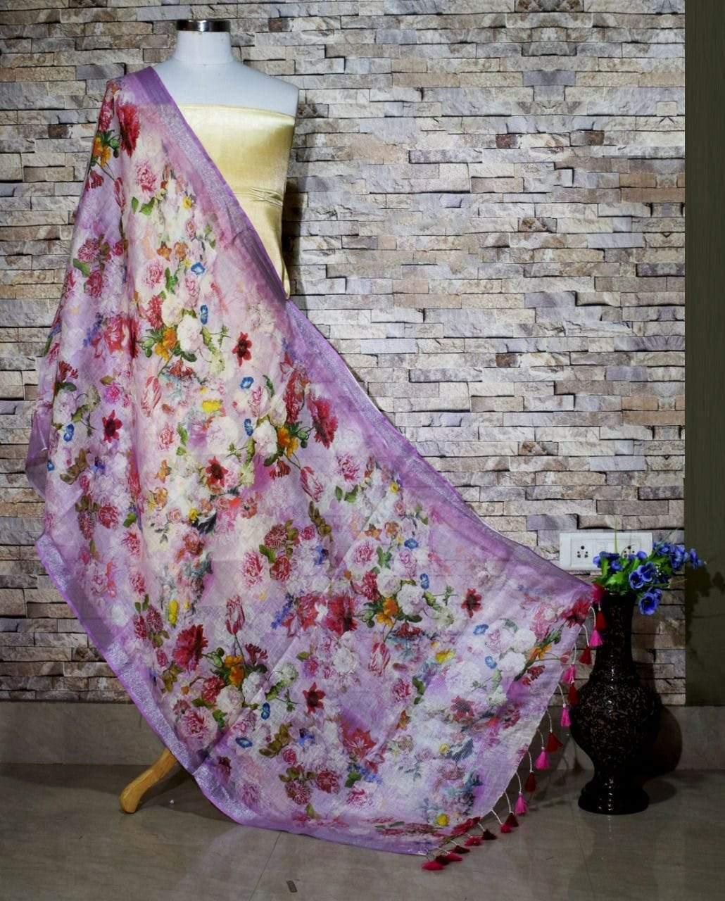 Ravishing Purple Floral Print Digital Linen Dupatta_ - Ibis Fab