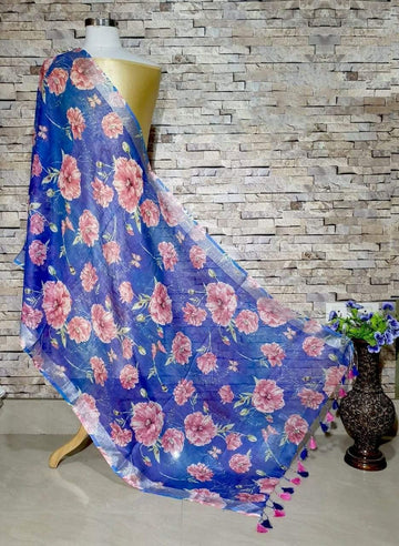 Royal Blue Base Gorgeous Floral Digital Print Linen Dupatta_