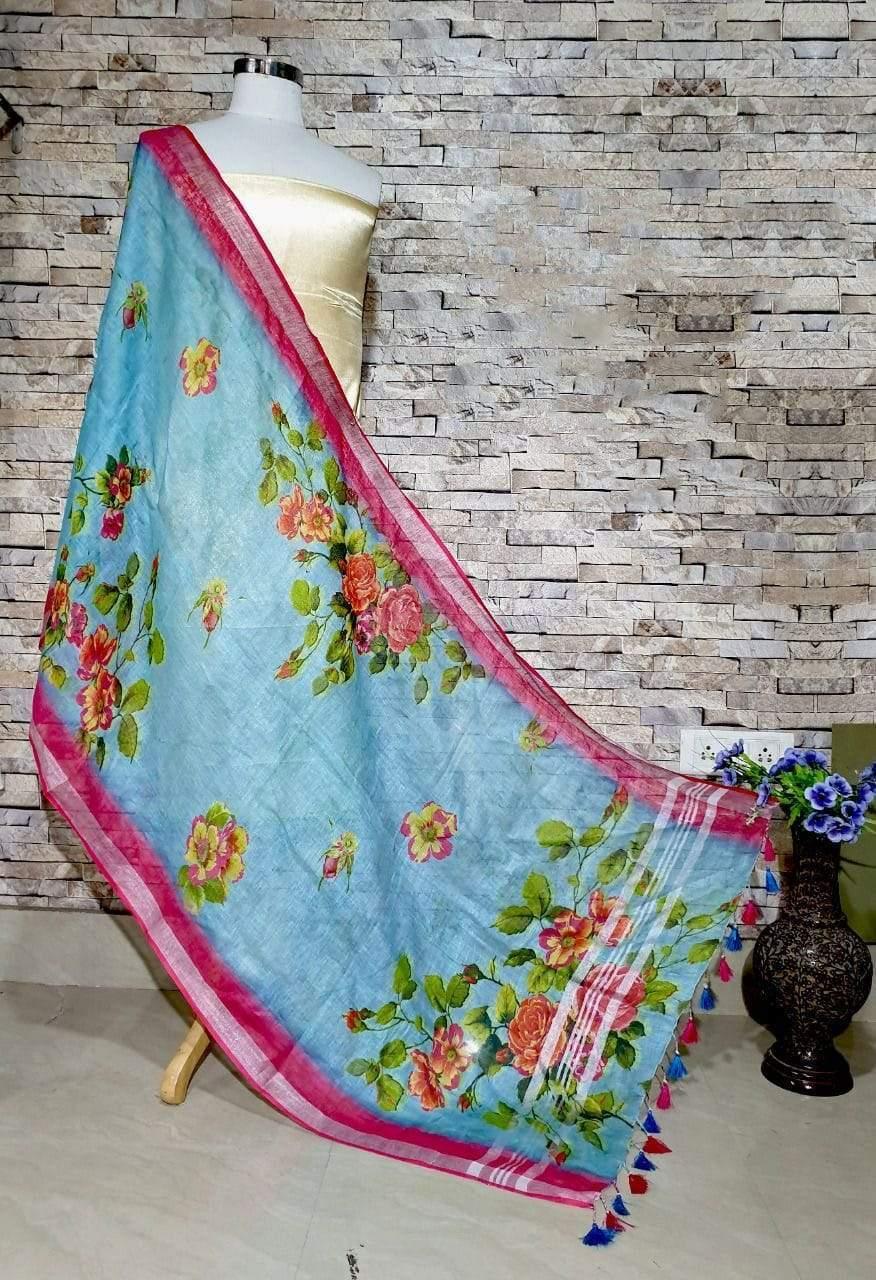 Sky Blue With Dark Pink Floral Design Digital Linen Dupatta_ - Ibis Fab