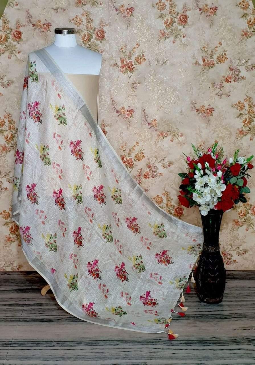 Snow White Floral Design Digital Linen Dupatta_ - Ibis Fab