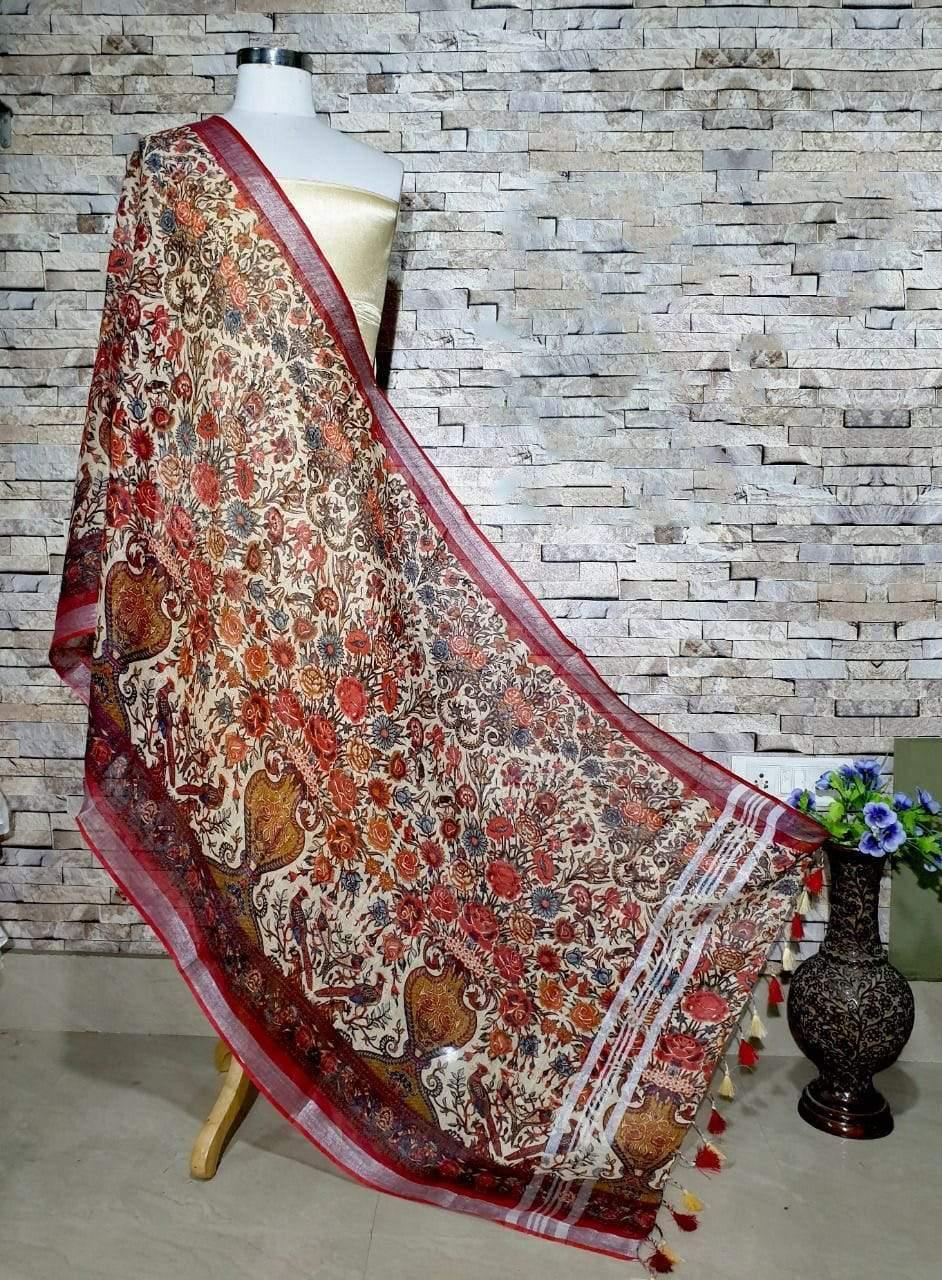 Strikingly Enticing Art Work Digital Print Linen Dupatta_ - Ibis Fab