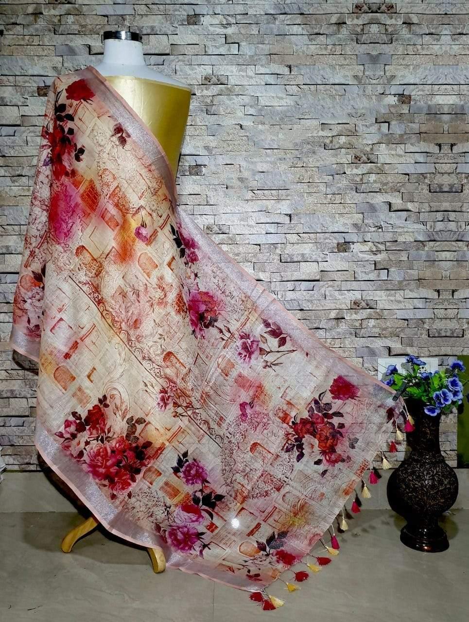 Stunning Peach Floral Design Digital Linen Dupatta_ - Ibis Fab