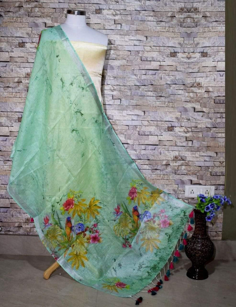 Stunning Sea Green Floral Design Print Digital Linen Dupatta_ - Ibis Fab