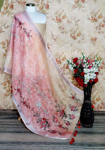 Subtle Pink Yellow Base Designer Digital Linen Dupatta_