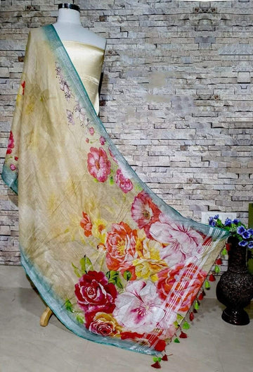 Yellow Base Floral Design with Sea green border Digital Linen Dupatta_