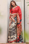 Admirable Red colored Linen Designer Printed Saree