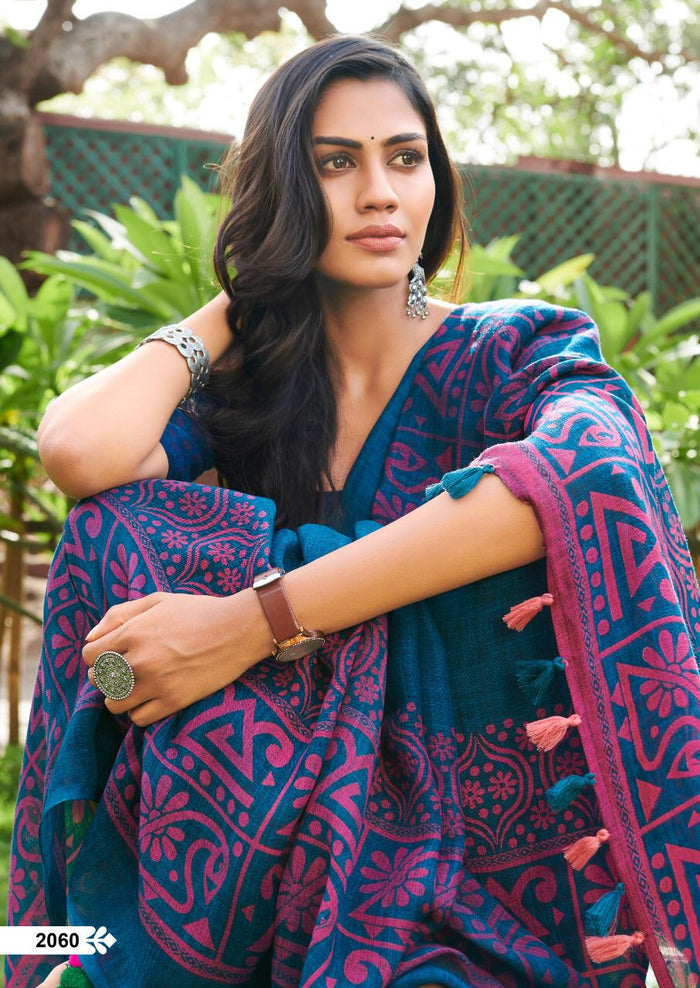 Amazing Blue Pure Linen Designer Saree