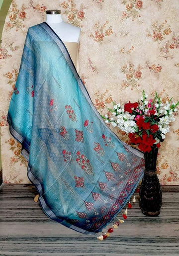 Aqua Blue Designer Digital Linen Dupatta