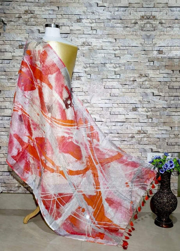 Artistic red Designer Digital Print Linen Dupatta