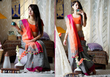 Attractive Grey Premium Linen Designer Saree