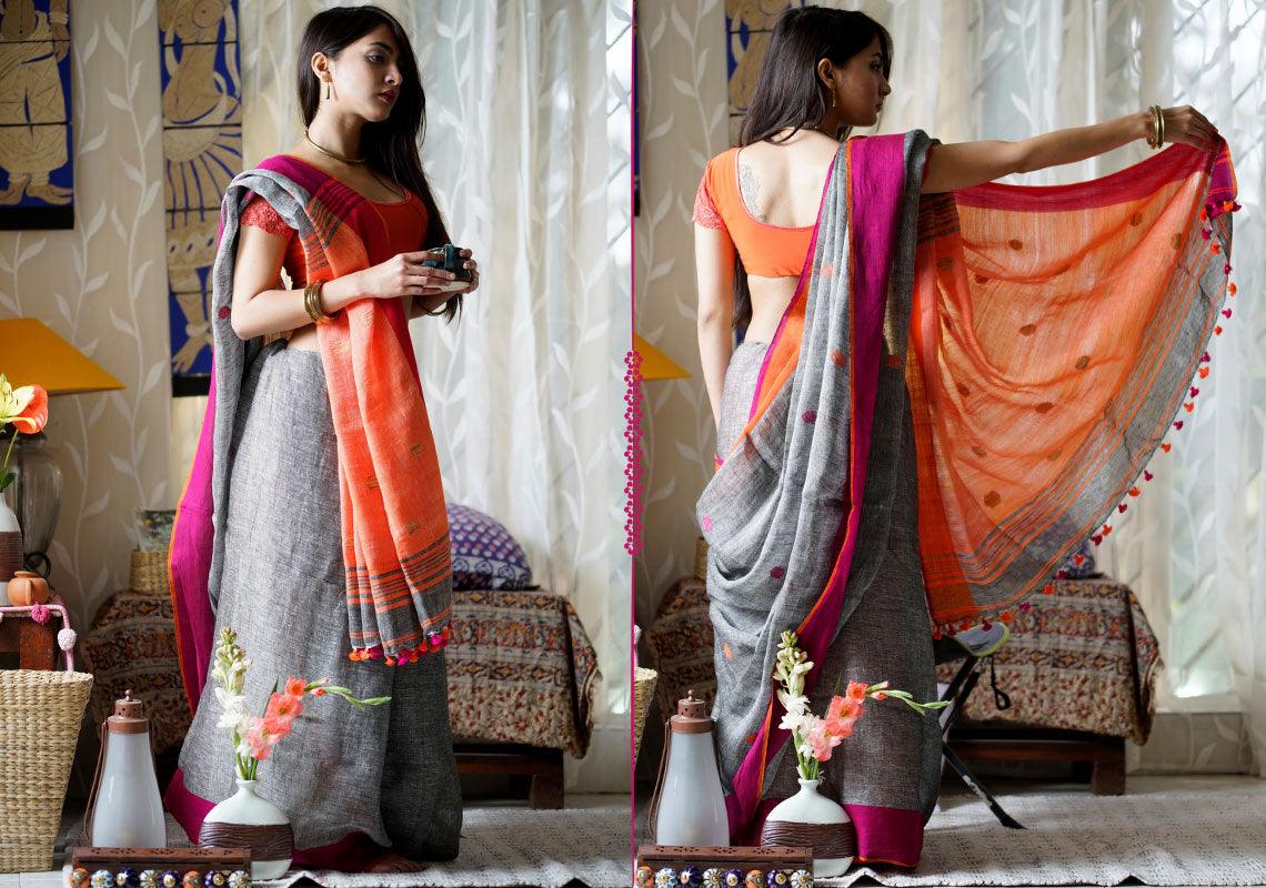 Attractive Grey Premium Linen Designer Saree - Ibis Fab