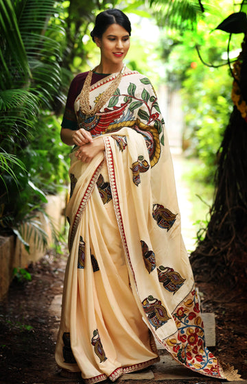 Awesome Beige Pure Linen Designer Printed Saree