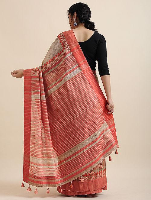 Beautiful Festive Wear Red And Cream Colored   Printed  Pure Linen Saree