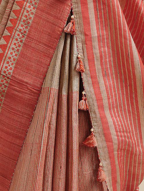 Beautiful Festive Wear Red And Cream Colored   Printed  Pure Linen Saree