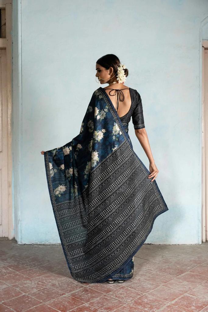 Beautiful Floral Printed Silk Saree With Blouse - Ibis Fab