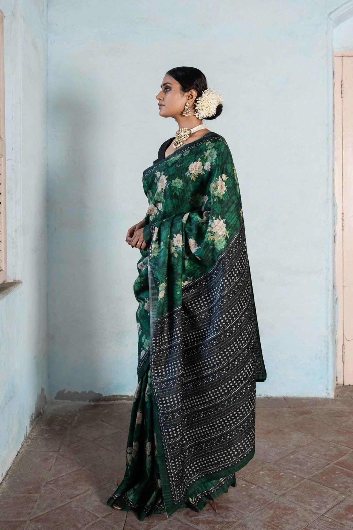 Beautiful Floral Printed Silk Saree With Blouse - Ibis Fab