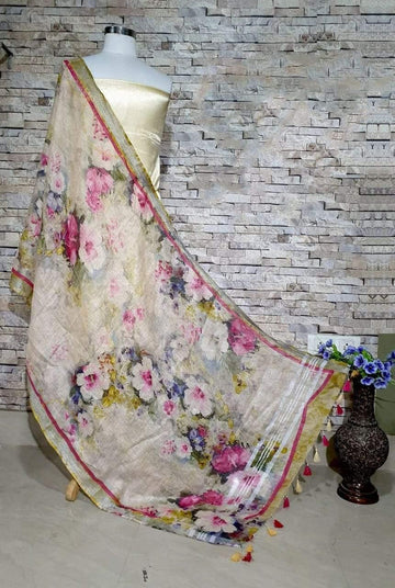 Beautiful Light Mustard Yellow Base Floral Print Digital Linen Dupatta