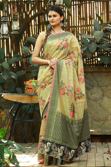 Beautiful mint  Linen Designer Printed Saree