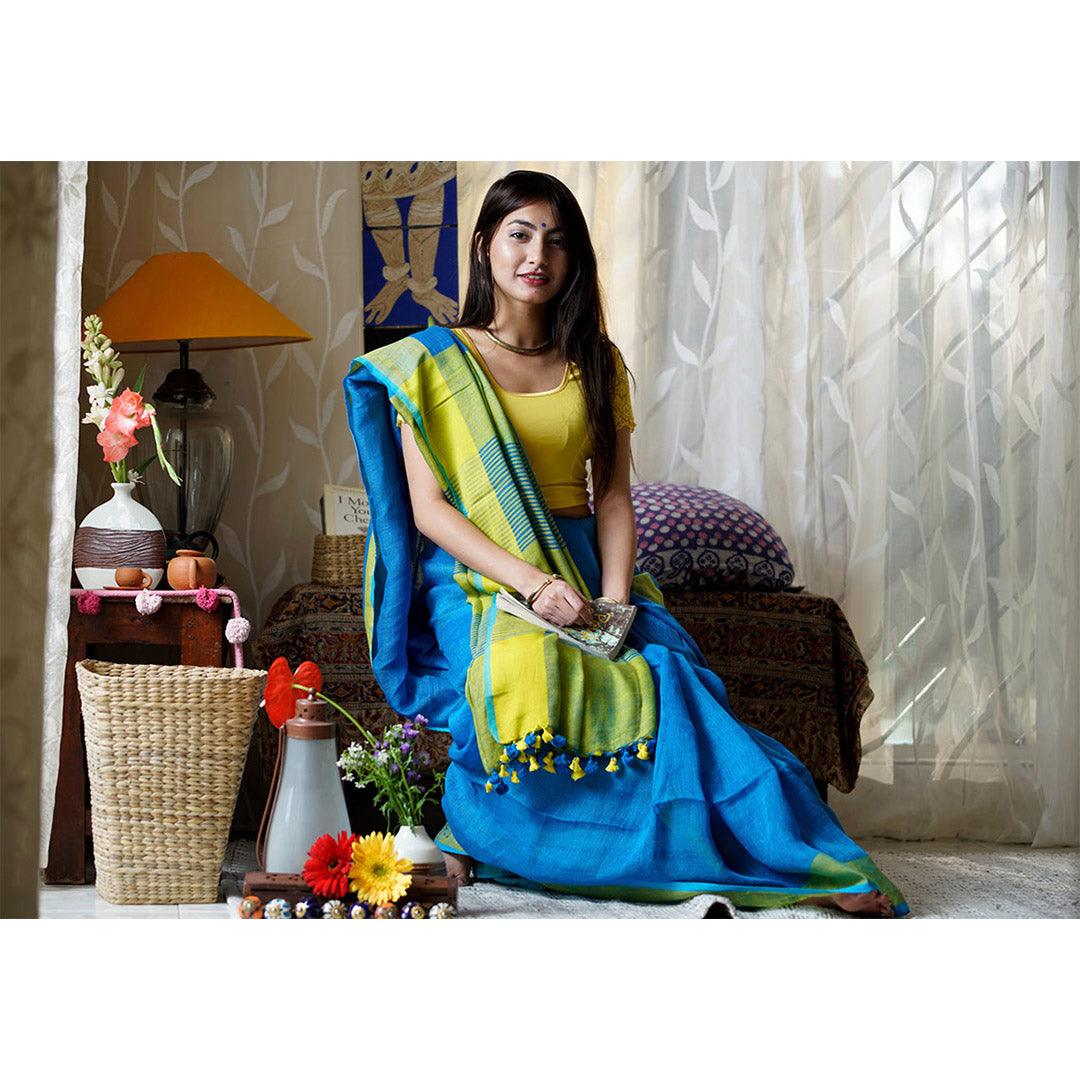 Beautiful Neon Light Blue Premium Linen Saree - Ibis Fab