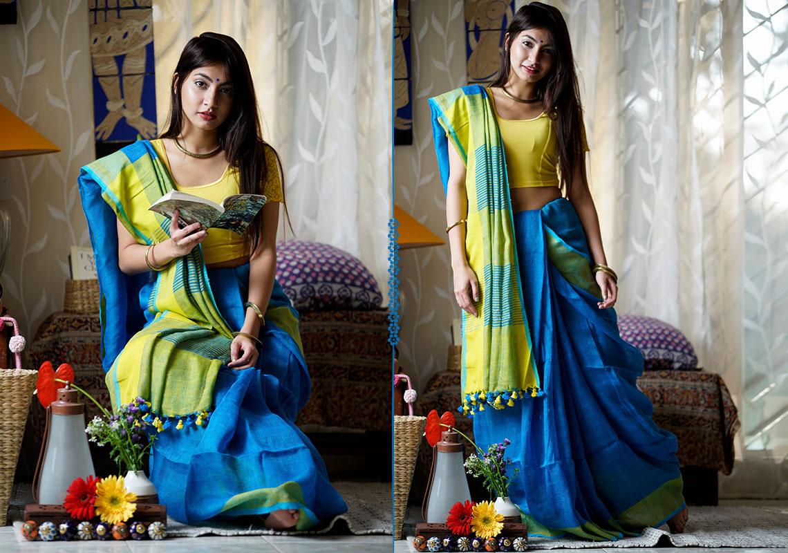 Beautiful Neon Light Blue Premium Linen Saree - Ibis Fab