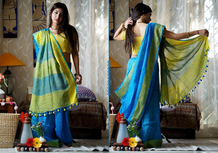 Beautiful Neon Light Blue Premium Linen Saree
