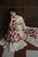 Beautiful Off White And Red Colored Festive Printed Pure Linen Saree - Ibis Fab