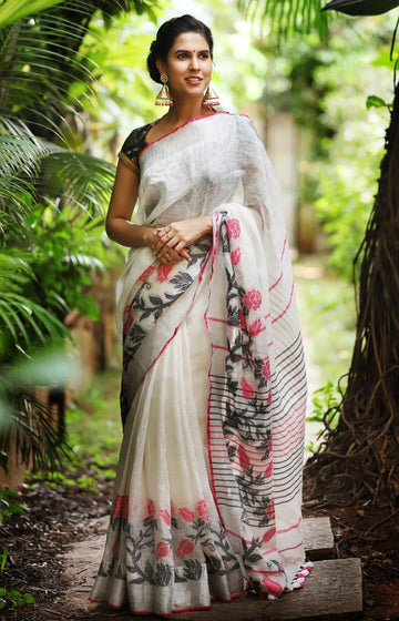 Beautiful White Flora Linen Designer Saree