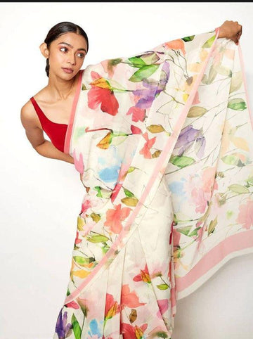 Beautiful White Linen Designer Printed Saree