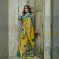 Beautiful Yellow coloreded Kalamkari Partywear Linen Printed Saree