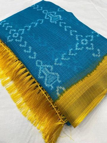 Beautifully Crafted printed Blue Saree By Linen cloth. - Ibis Fab