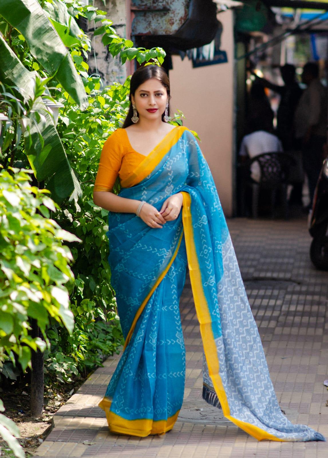 Beautifully Crafted printed Blue Saree By Linen cloth. - Ibis Fab