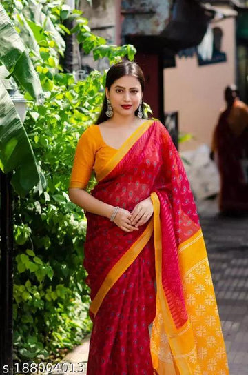 Beautifully Crafted Printed Pink Linen Saree