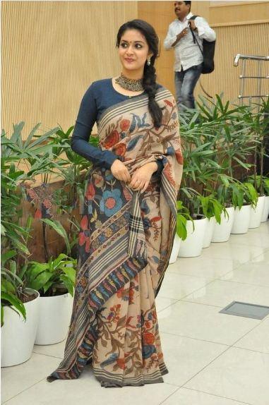 Beige colored Flowered Linen Designer Printed Saree