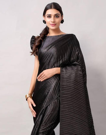 Black Plain Half Pleated Japan Silk Satin Saree