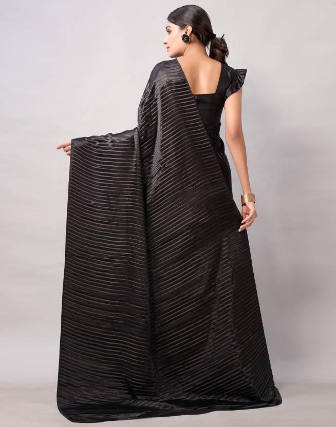 Black Plain Half Pleated Japan Silk Satin Saree - Ibis Fab