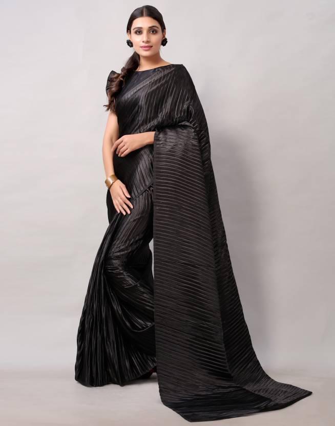 Black Plain Half Pleated Japan Silk Satin Saree - Ibis Fab