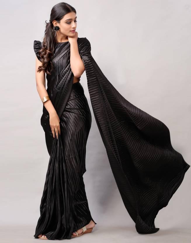 Black Plain Half Pleated Japan Silk Satin Saree - Ibis Fab