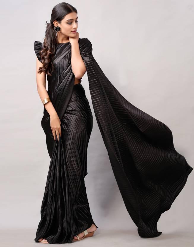 Black Plain Half Pleated Japan Silk Satin Saree
