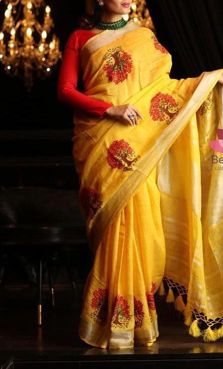 Blooming Yellow Colored Festive Wear Linen Saree