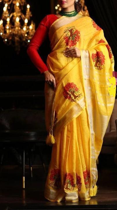 Blooming Yellow Colored Festive Wear Linen Saree