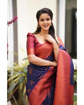 Blue & Red Broder Designer Soft Lichi Silk Saree