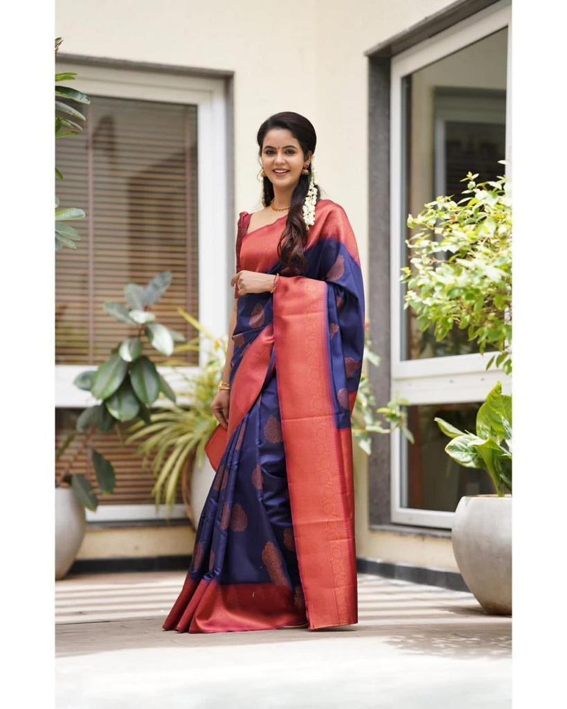 Blue & Red Broder Designer Soft Lichi Silk Saree - Ibis Fab