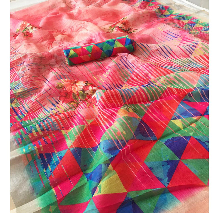 Breathtaking Red Colored Casual Wear Printed Pure Linen Saree