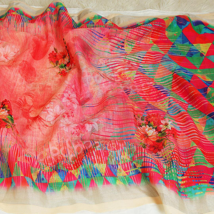 Breathtaking Red Colored Casual Wear Printed Pure Linen Saree